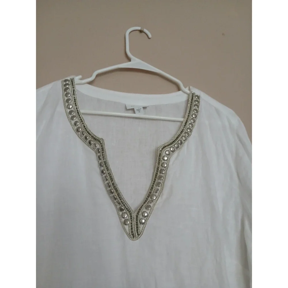 J Jill Top XL Love Linen Tunic Embroidered Cottage Hippie Peasant Boho Bohemian